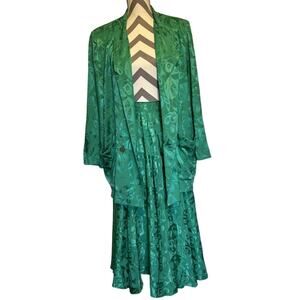 VINTAGE HONG KONG CHINESE SILK Green Pattern Flare Maxi Skirt Blazer Pockets 10